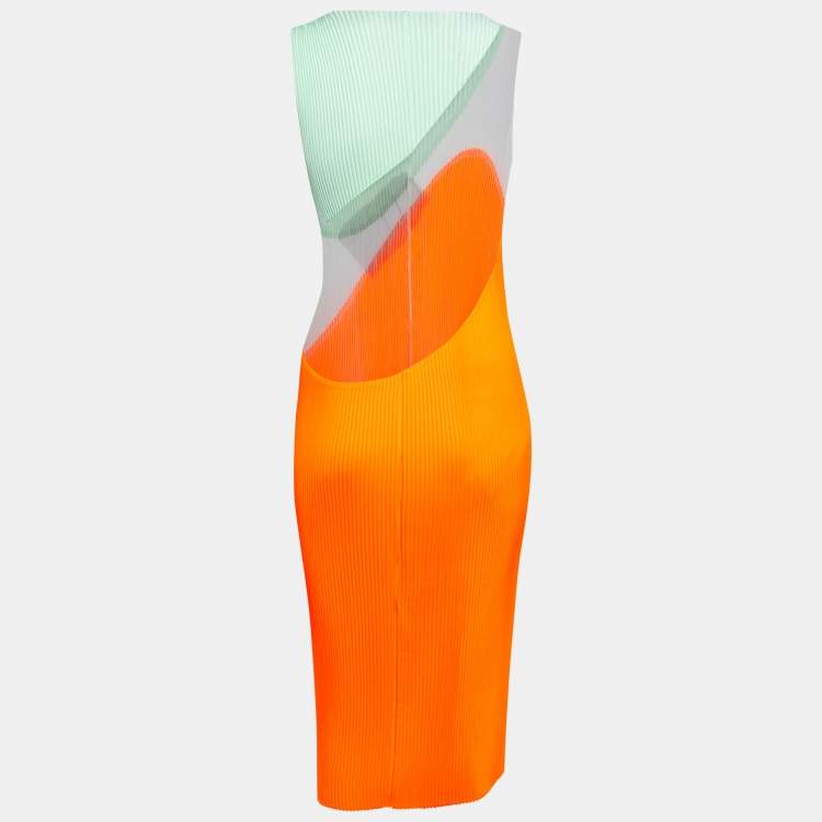 Pre Owned Stella McCartney Orange Plisse Satin Paneled Midi Dress S