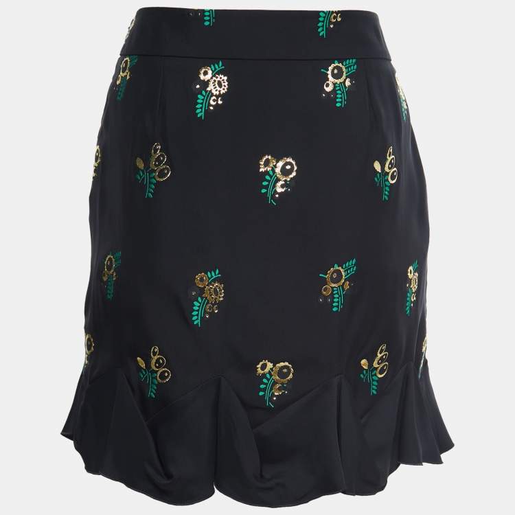 Pre Owned Stella McCartney Black Patterned Crepe Ruffle Trimmed Skirt S