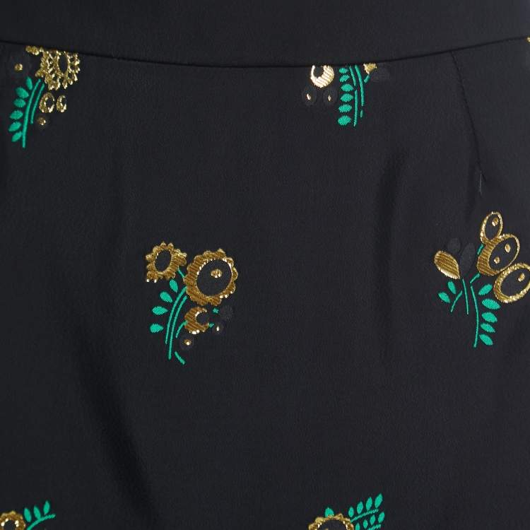 Pre Owned Stella McCartney Black Patterned Crepe Ruffle Trimmed Skirt S