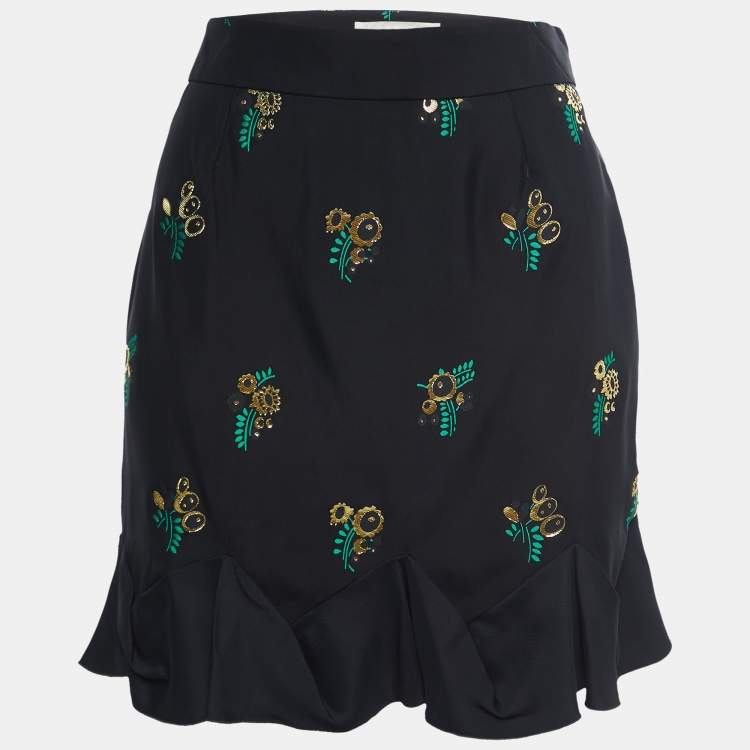 Pre Owned Stella McCartney Black Patterned Crepe Ruffle Trimmed Skirt S