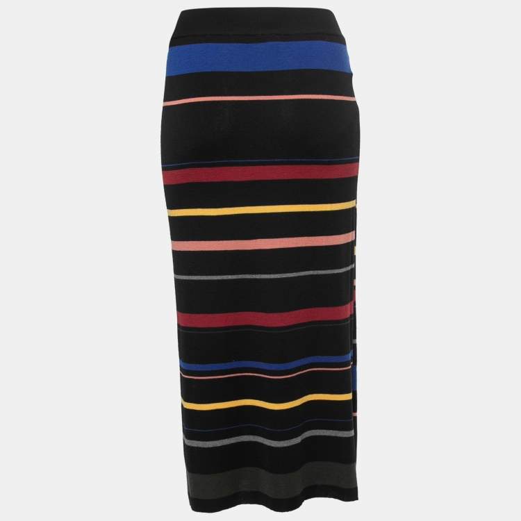 Pre Owned Stella McCartney Black Multicolor Striped Wool Knit Midi Skirt L