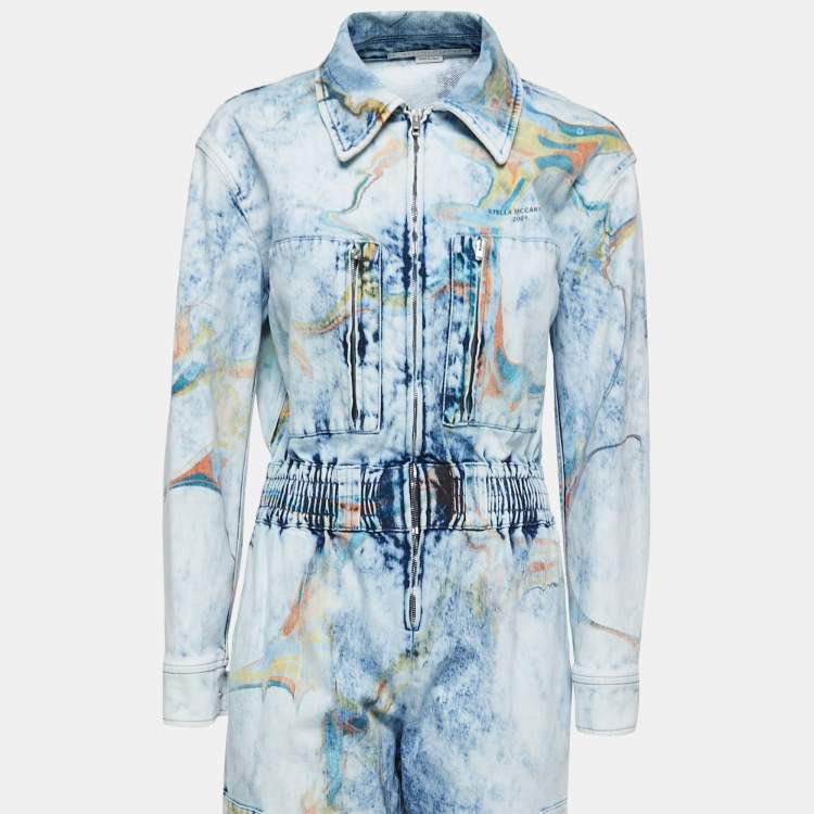 Pre Owned Stella McCartney Blue Marble Print Washed Denim Pocket Detailed  Jumpsuit S