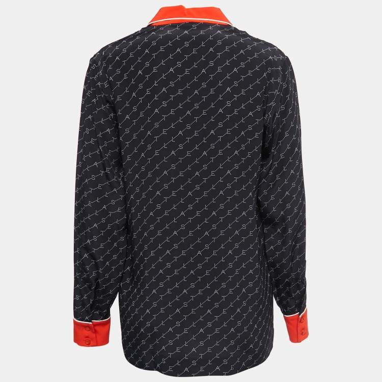 Pre Owned Stella McCartney Black Logo Print Silk Contrast Trim Shirt M