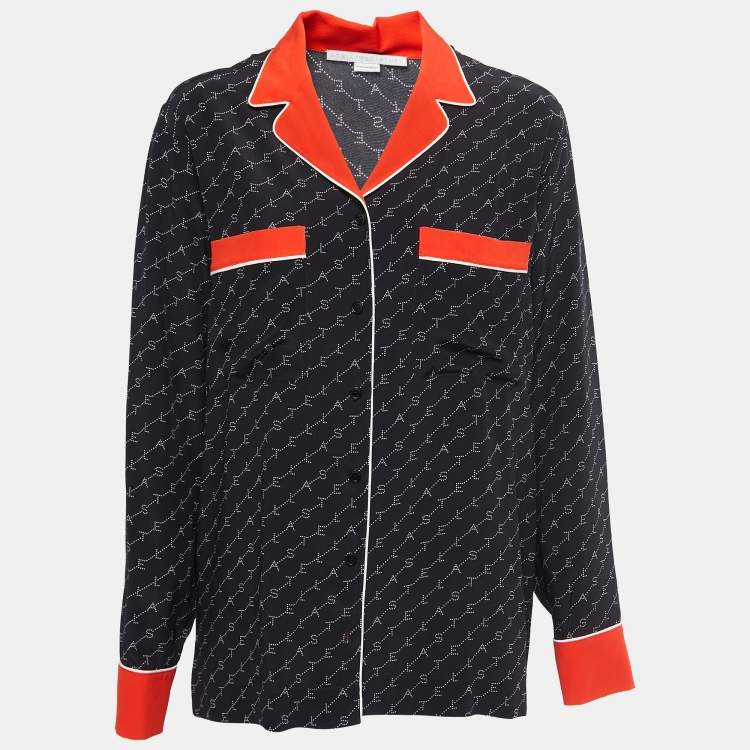 Pre Owned Stella McCartney Black Logo Print Silk Contrast Trim Shirt M