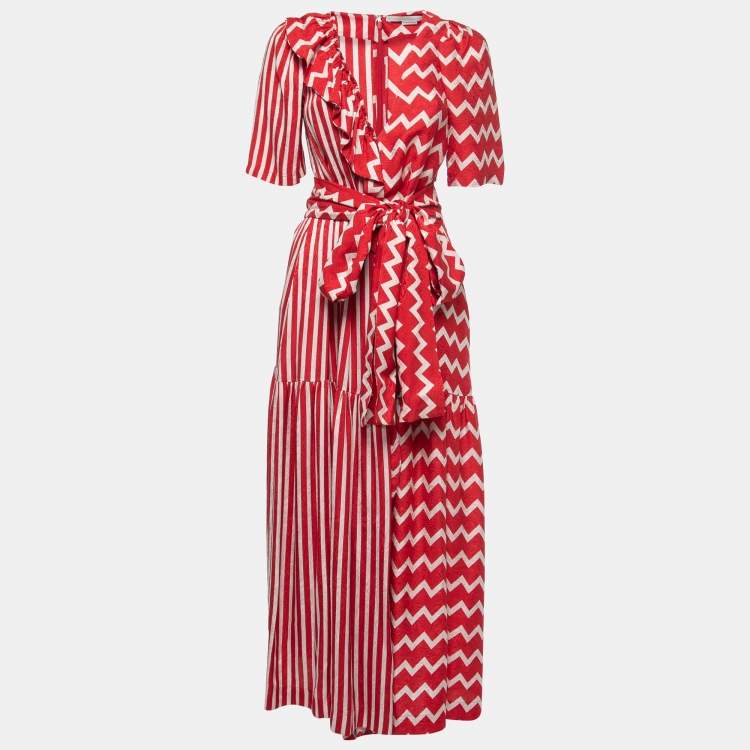 Pre Owned Stella McCartney Red Geometric Print Silk Ruffled Maxi Dress S
