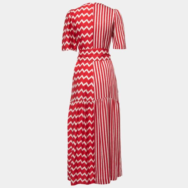 Pre Owned Stella McCartney Red Geometric Print Silk Ruffled Maxi Dress S