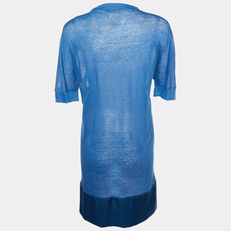 Pre Owned Stella McCartney Blue Linen Knit & Satin Hem Bow Detail Mini Dress M
