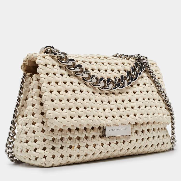 Pre Owned Stella McCartney Off White Woven Faux Leather Becks Top Handle Bag