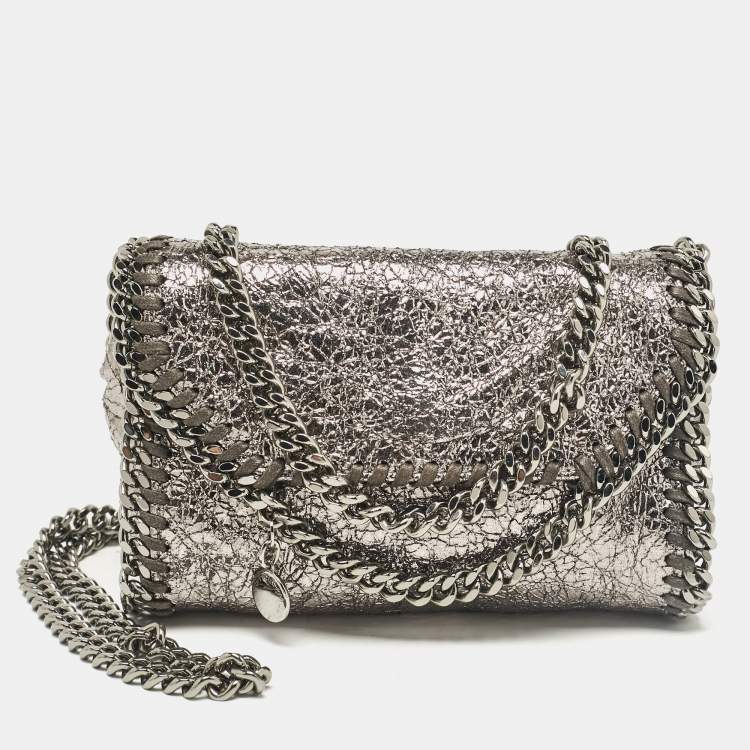 Pre Owned Stella McCartney Grey Faux Patent Leather Micro Falabella Flap Crossbody Bag