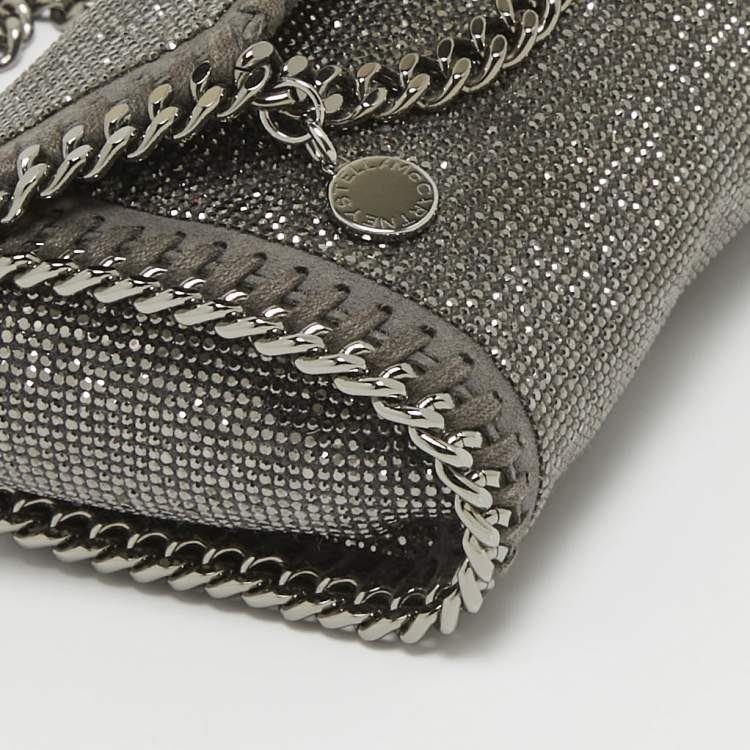 Pre Owned Stella McCartney Grey Faux Suede Micro Falabella Crystals Flap Crossbody Bag