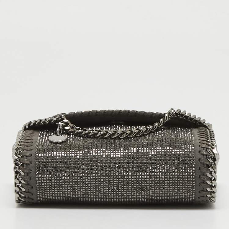 Pre Owned Stella McCartney Grey Faux Suede Micro Falabella Crystals Flap Crossbody Bag
