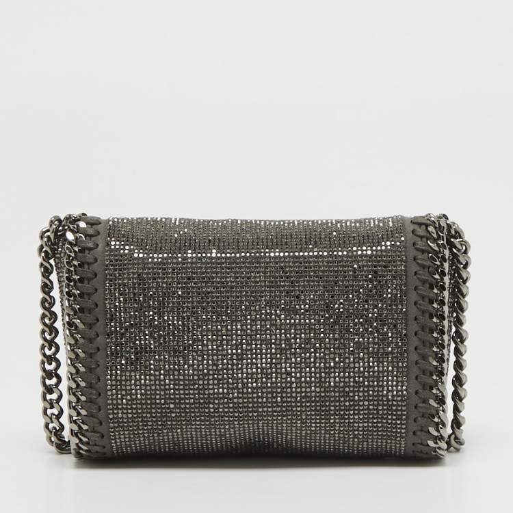 Pre Owned Stella McCartney Grey Faux Suede Micro Falabella Crystals Flap Crossbody Bag
