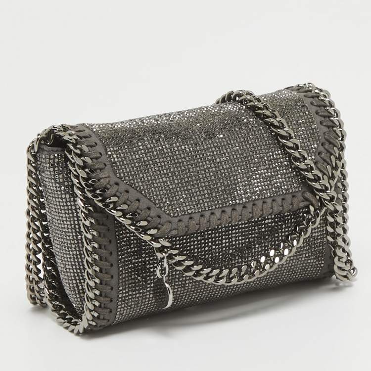 Pre Owned Stella McCartney Grey Faux Suede Micro Falabella Crystals Flap Crossbody Bag