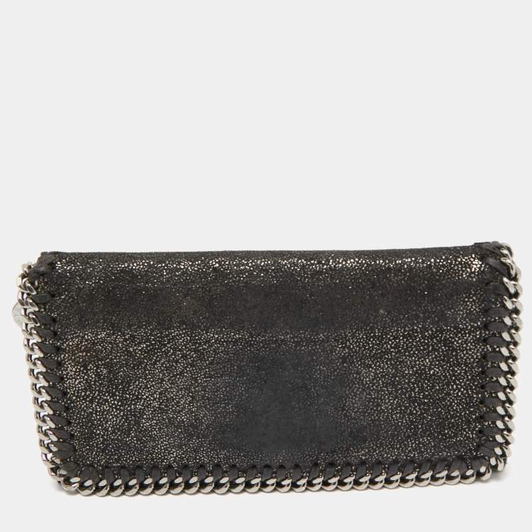 Pre Owned Stella McCartney Black Shimmer Faux Suede Falabella Continental Wallet