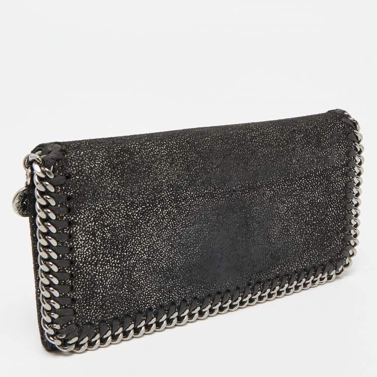 Pre Owned Stella McCartney Black Shimmer Faux Suede Falabella Continental Wallet