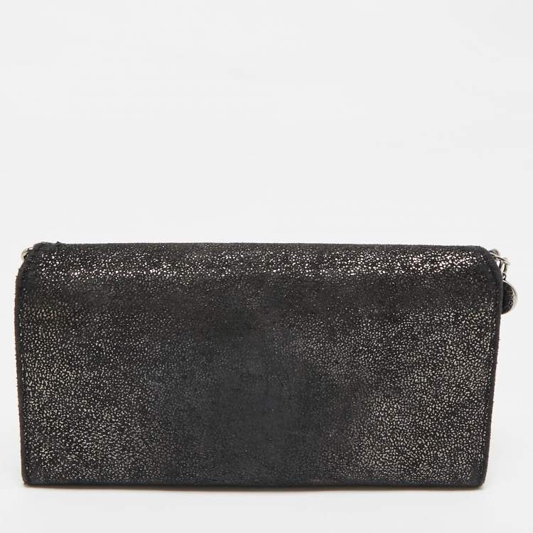 Pre Owned Stella McCartney Black Shimmer Faux Suede Falabella Continental Wallet