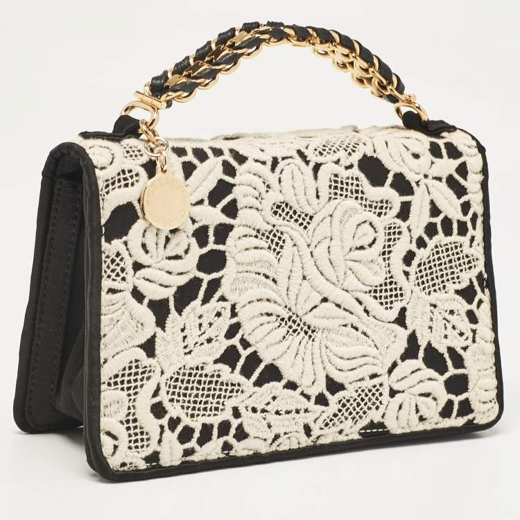 Pre Owned Stella McCartney Black/White Satin Embroidered Top Handle Bag