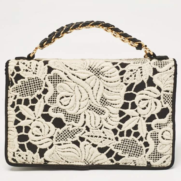 Pre Owned Stella McCartney Black/White Satin Embroidered Top Handle Bag
