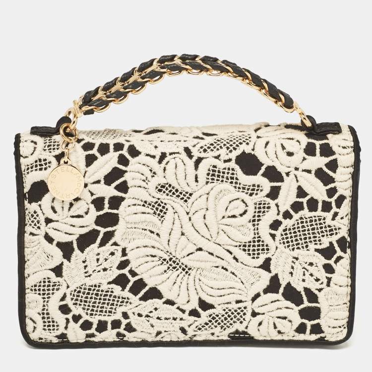 Pre Owned Stella McCartney Black/White Satin Embroidered Top Handle Bag