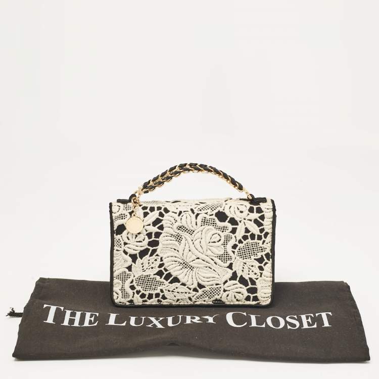 Pre Owned Stella McCartney Black/White Satin Embroidered Top Handle Bag