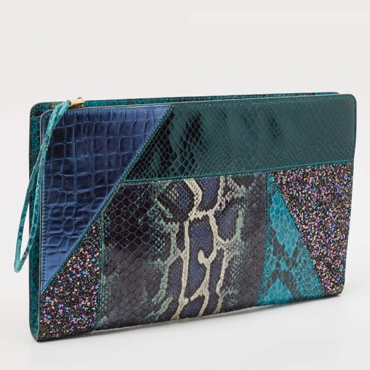Pre Owned Stella McCartney Multicolor Faux Croc and Python Embossed Leather and Glitter Loretta Waverly Clutch