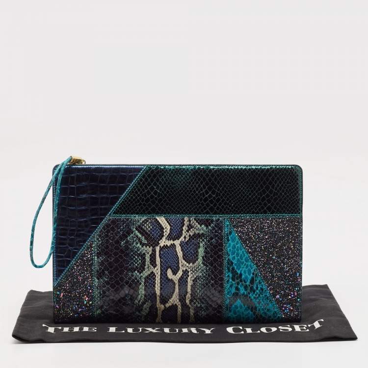 Pre Owned Stella McCartney Multicolor Faux Croc and Python Embossed Leather and Glitter Loretta Waverly Clutch