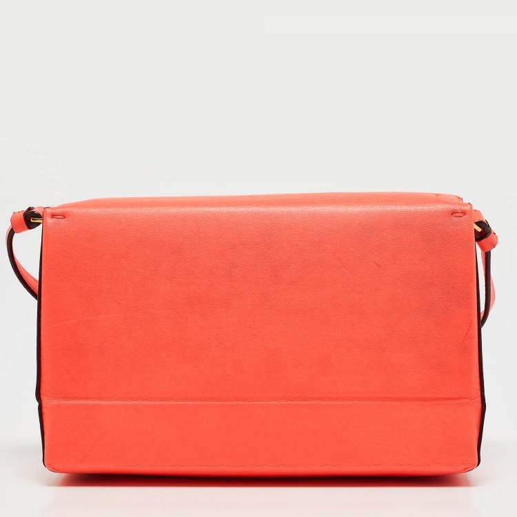 Pre Owned Stella McCartney Neon Orange Faux Leather Metal Flap Crossbody Bag
