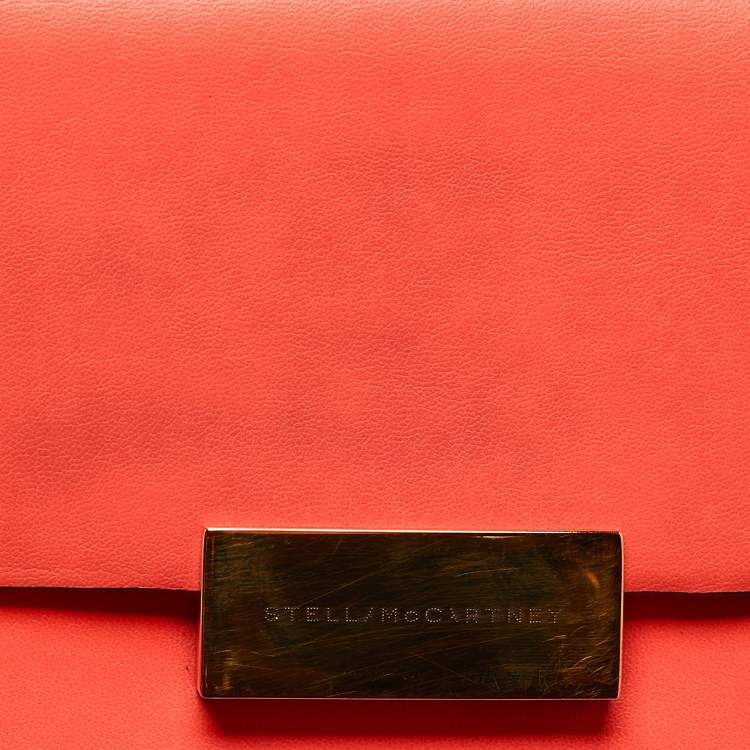 Pre Owned Stella McCartney Neon Orange Faux Leather Metal Flap Crossbody Bag
