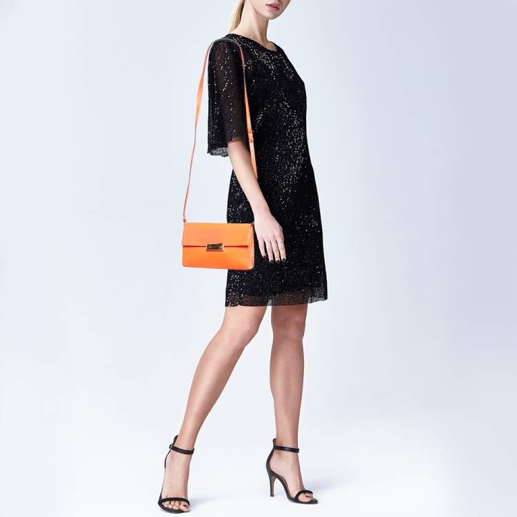 Pre Owned Stella McCartney Neon Orange Faux Leather Metal Flap Crossbody Bag
