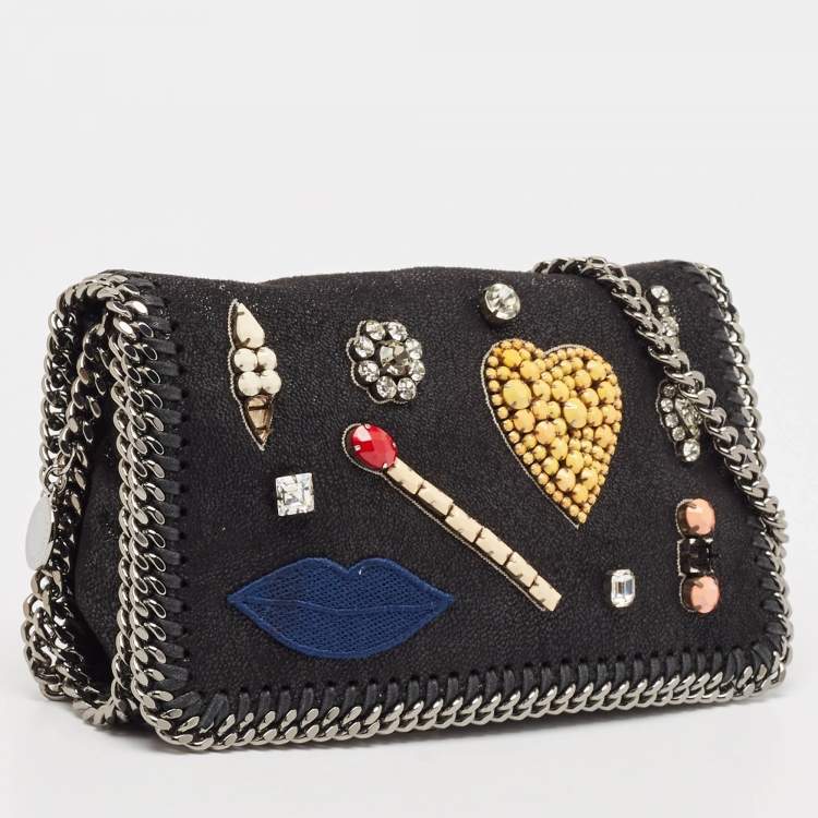 Pre Owned Stella McCartney Black Faux Suede Embellished Falabella Flap Crossbody Bag