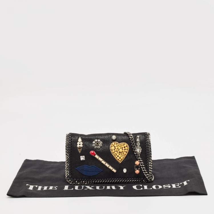 Pre Owned Stella McCartney Black Faux Suede Embellished Falabella Flap Crossbody Bag