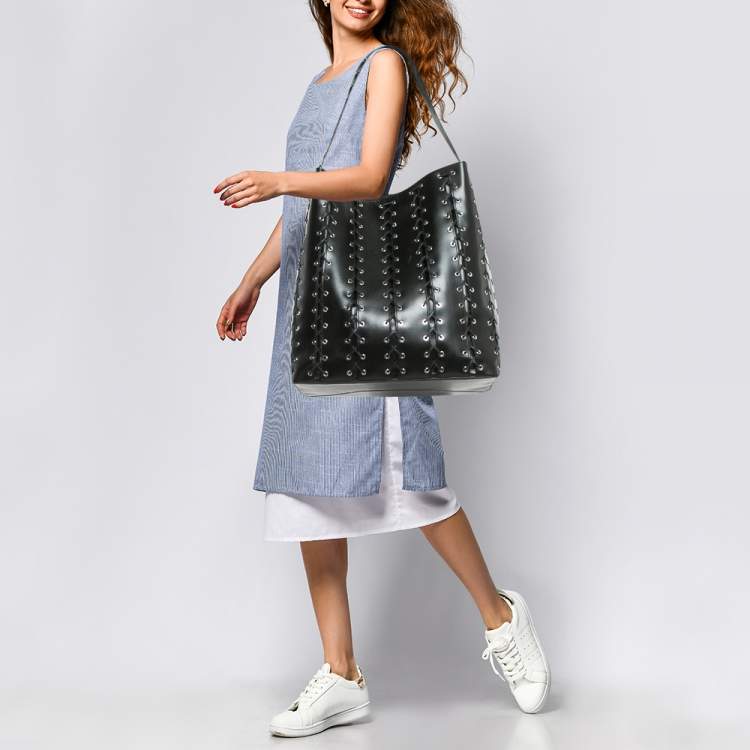 Pre Owned Stella McCartney Black Faux Leather Whipstitch Frayme Shopper Tote