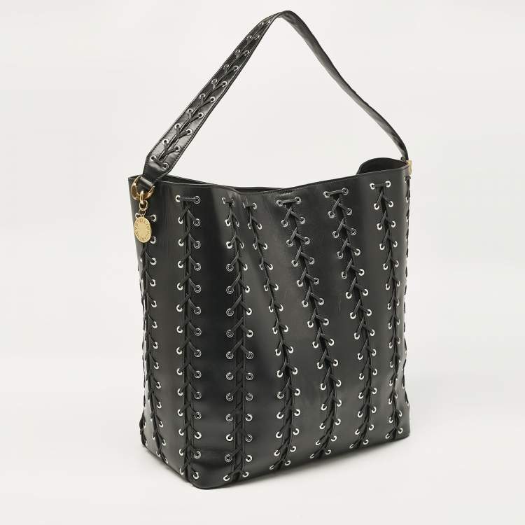 Pre Owned Stella McCartney Black Faux Leather Whipstitch Frayme Shopper Tote