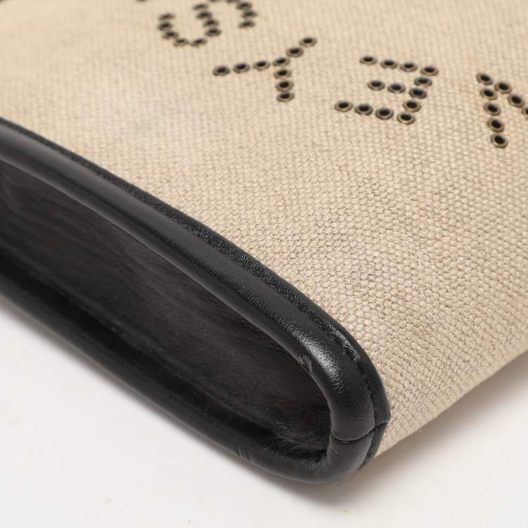 Pre Owned Stella McCartney Beige/Black Canvas and Faux Leather Wristlet Clutch