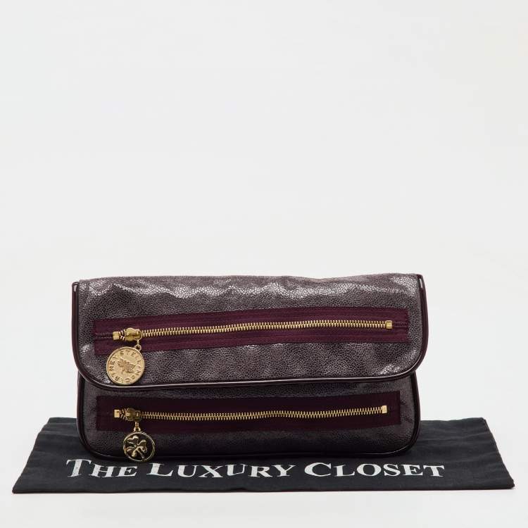 Pre Owned Stella McCartney Burgundy Faux Leather Zipper Detail Fold Over Clutch