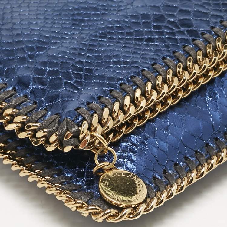 Pre Owned Stella McCartney Metallic Blue Python Effect Faux Leather Falabella Fold Over Clutch