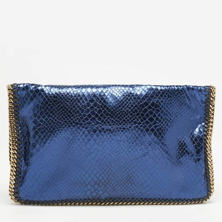 Pre Owned Stella McCartney Metallic Blue Python Effect Faux Leather Falabella Fold Over Clutch