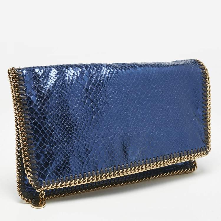 Pre Owned Stella McCartney Metallic Blue Python Effect Faux Leather Falabella Fold Over Clutch