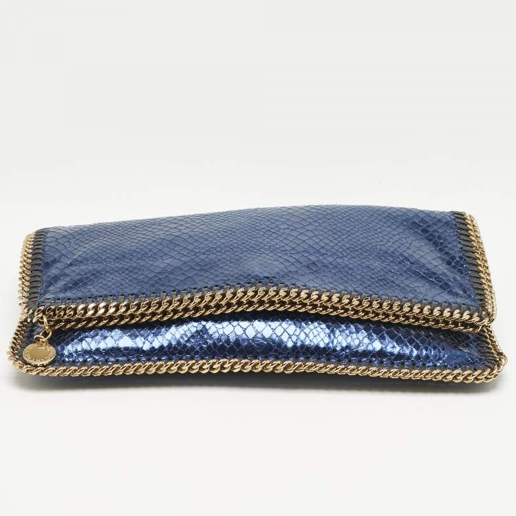 Pre Owned Stella McCartney Metallic Blue Python Effect Faux Leather Falabella Fold Over Clutch