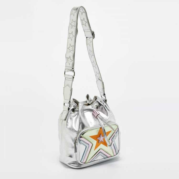 Pre Owned Stella McCartney Silver Faux Leather Star Print Bucket Bag