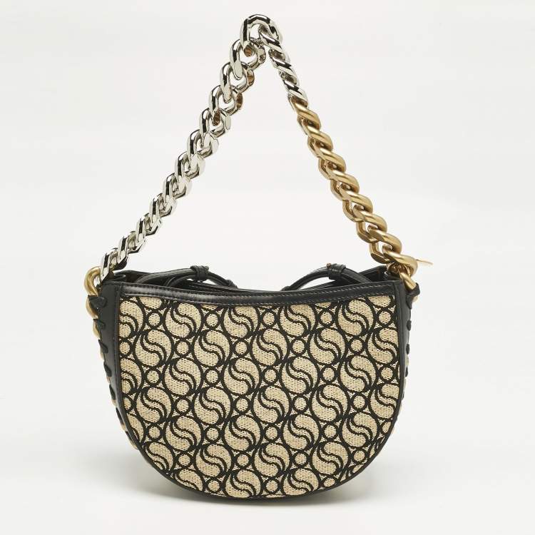 Pre Owned Stella McCartney Black/Cream Faux Leather and Raffia Medium S Wave Frayme Bag