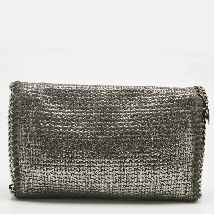 Pre Owned Stella McCartney Metallic Grey Woven Coated Fabric Falabella Fold Over Clutch