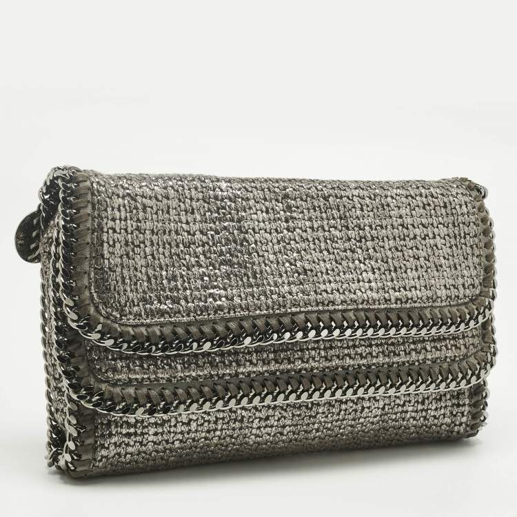 Pre Owned Stella McCartney Metallic Grey Woven Coated Fabric Falabella Fold Over Clutch
