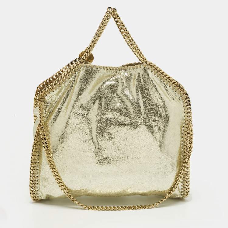 Pre Owned Stella McCartney Falabella Small Gold Faux Crackled Patent Leather Tote