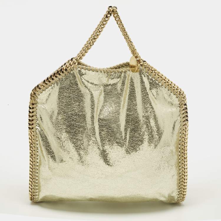 Pre Owned Stella McCartney Falabella Small Gold Faux Crackled Patent Leather Tote