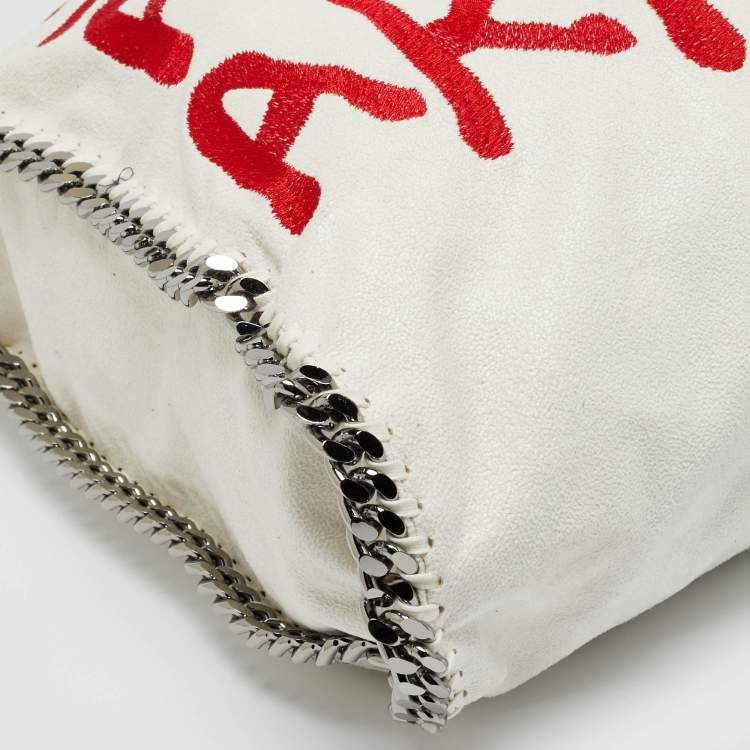 Pre Owned Stella McCartney Falabella Maxi White/Red Faux Suede Embroidered Tote