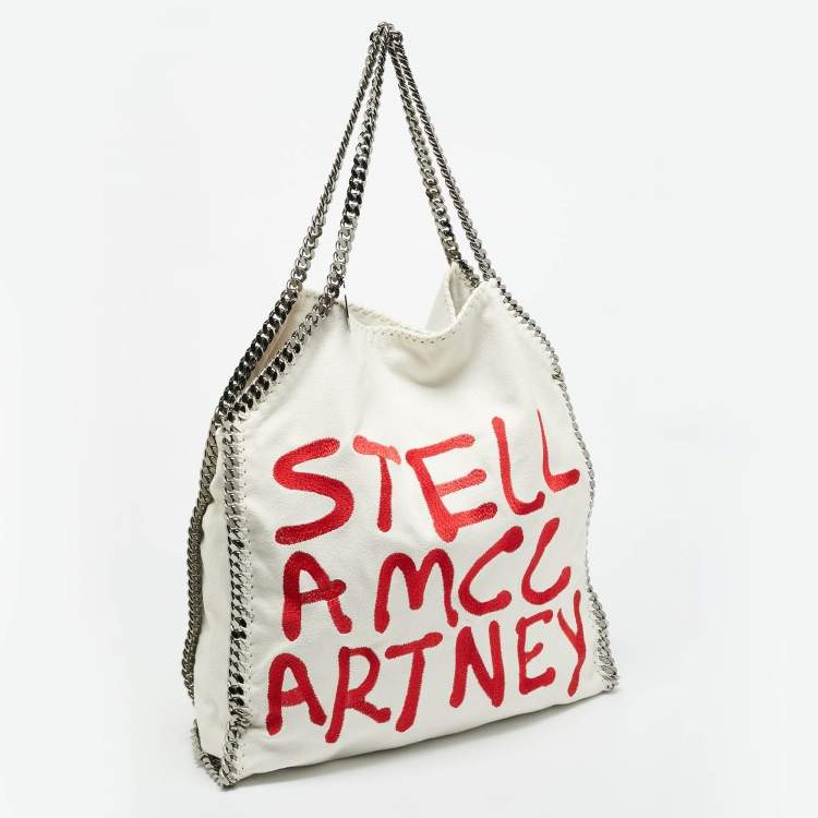 Pre Owned Stella McCartney Falabella Maxi White/Red Faux Suede Embroidered Tote