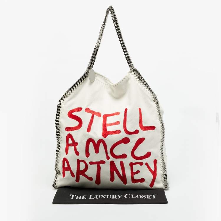 Pre Owned Stella McCartney Falabella Maxi White/Red Faux Suede Embroidered Tote