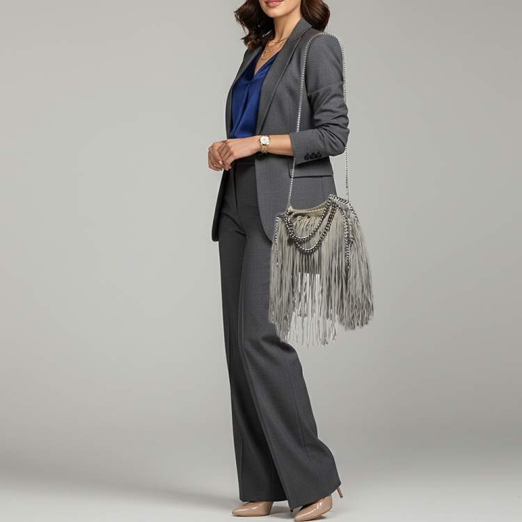 مملوكة مسبقًا Stella McCartney Falabella Fringe Grey Faux Suede Tote