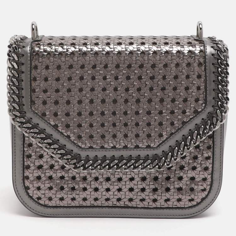 Pre Owned Stella McCartney Metallic Grey Woven Faux Leather Falabella Box Shoulder Bag